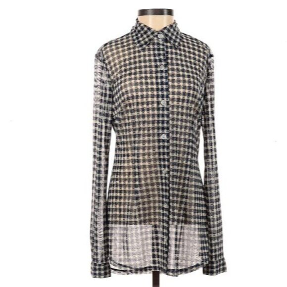 Nautical Sheer Blue Ivory Gingham Check Preppy Cottagecore Beach Cover Up Top XS - Picture 3 of 7